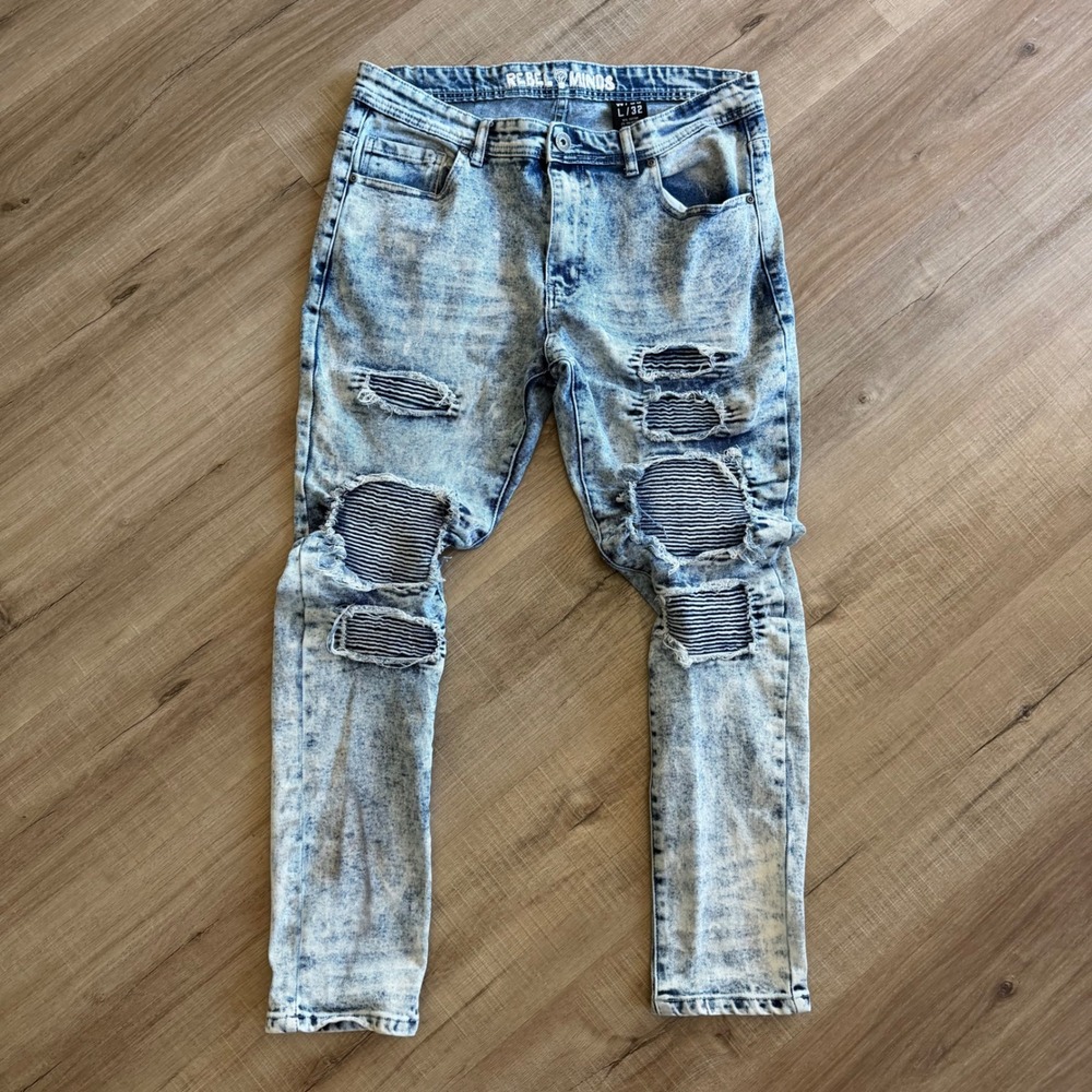 Rebel Minds Mens Acid Wash Distressed Ripped Biker Denim Jeans Blue 36x32